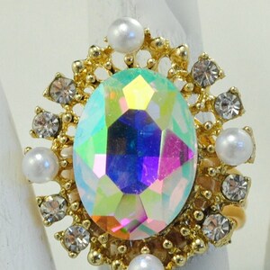 Gold Cocktail Ring Aurora Borealis & Pearl  Gift For Her Adjustable Ring