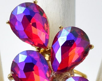 Pink Cocktail Ring Iridescent Rhinestone Cluster Ring Adjustable Ring