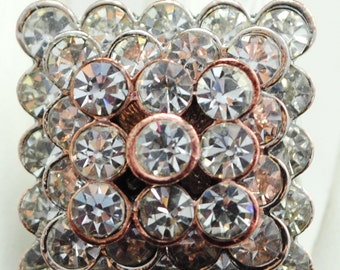 Square Rhinestone Cocktail Ring Adjustable Silver Band