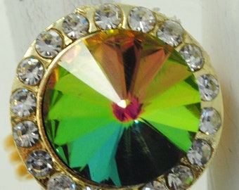 Rainbow Aurora Borealis Rhinestone Ring, Adjustable Gold Band