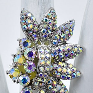 Iridescent Rhinestone Ring Silver Ring Aurora Borealis Cocktail Ring Adjustable Ring