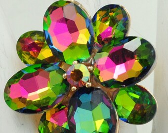 Rainbow Flower Ring Colorful AB Rhinestones Gold Ring Gift For Women Adjustable Ring