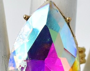 Aurora Borealis droppformad cocktailring, justerbar guldpläterad armband