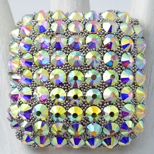 Iridescent Cocktail Ring Aurora Borealis Rhinestones Square Ring Oversized Gold Ring Adjustable Ring
