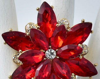 Red Cocktail Ring Floral Ring Crystal Ring Marquise Rhinestones Adjustable Ring