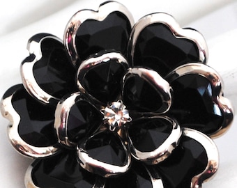 Classic Black Flower Ring Rhinestone Silver Ring Under 20 USD Adjustable Ring