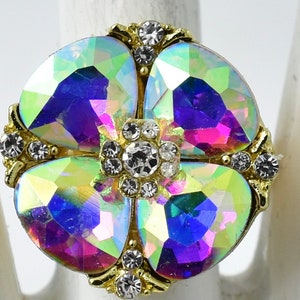 Floral Cocktail Ring Aurora Borealis Rhinestones Gold RingAdjustable Ring
