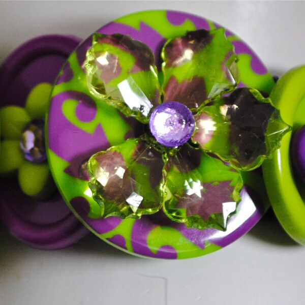 Purple button bracelet lime green statement jewelry OOAK expandable flowers gift for her spring contemporary