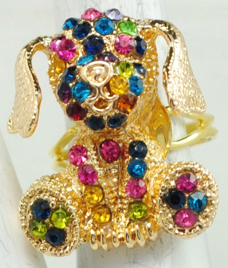Petite Dog Ring Multicolor Rhinestones Gold Ring Animal Jewelry Adjustable Ring image 5