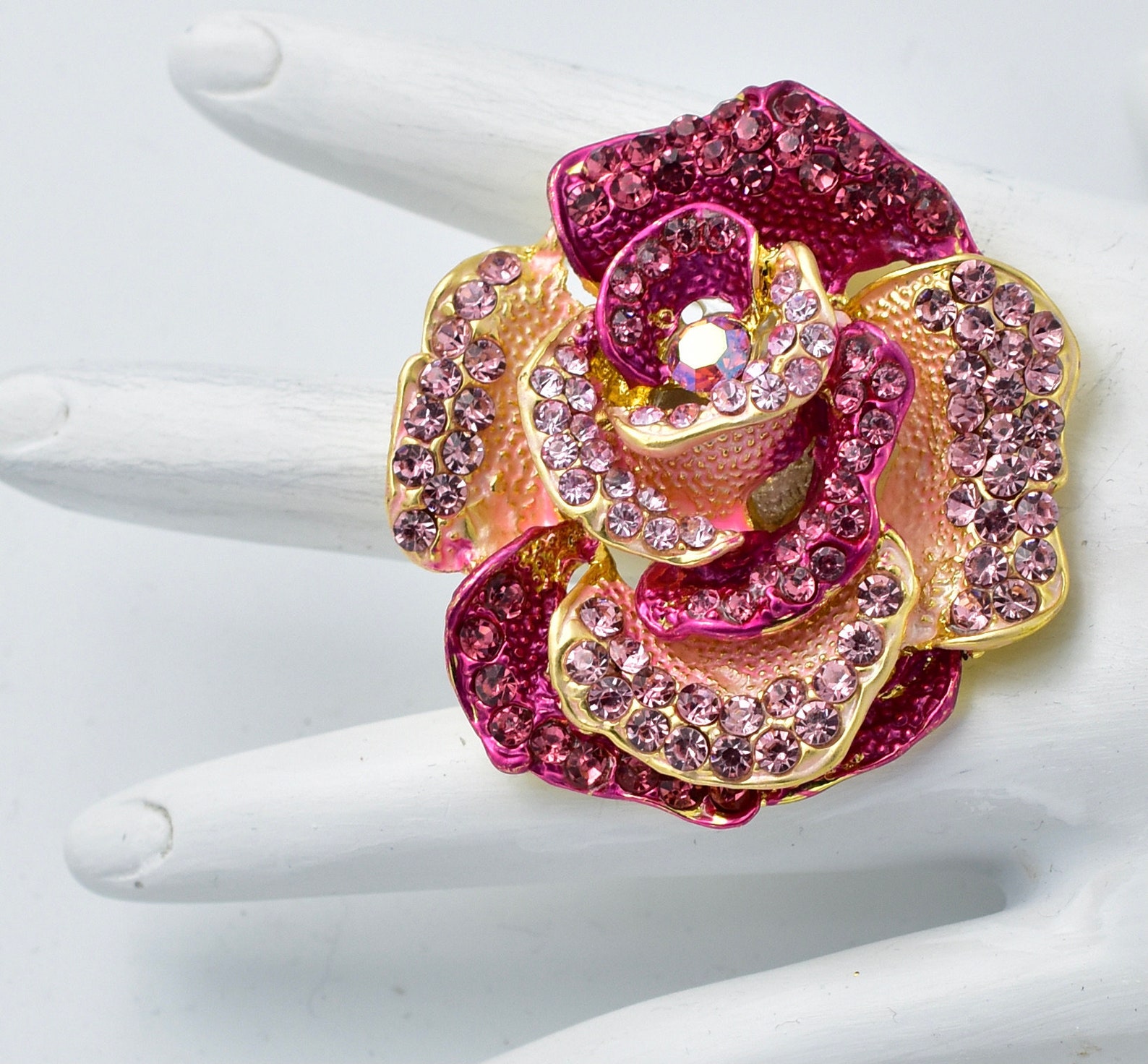 Pink Rhinestone Rose Ring Big Two Tone Ring Gold Ring Summer | Etsy