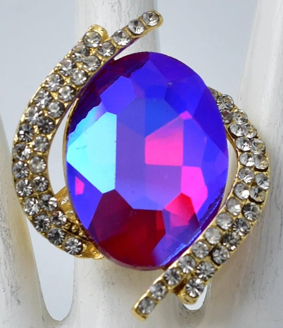 Iridescent Cocktail Ring, Clear Rhinestone Adjustable Gold Band - Etsy