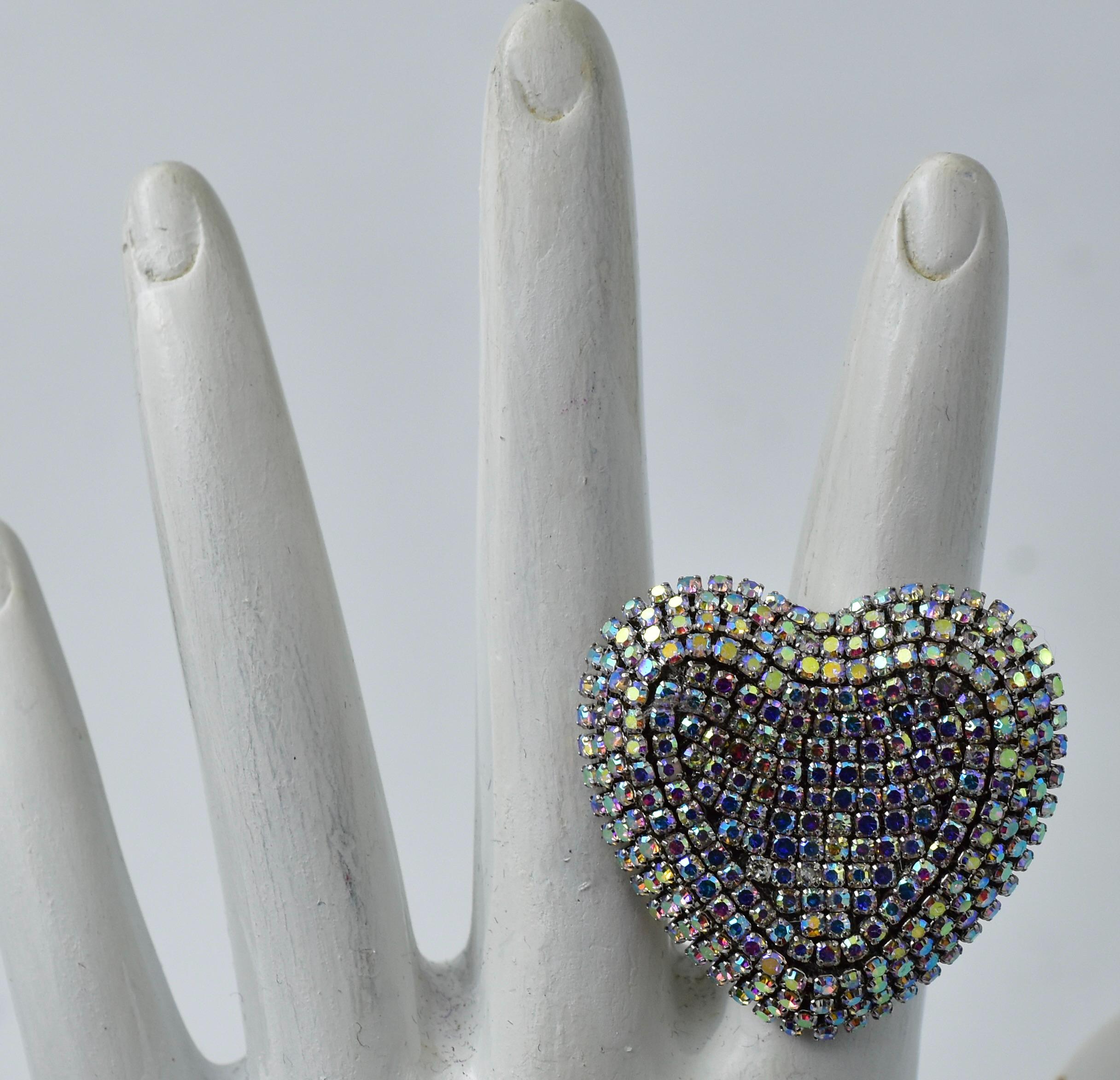 Silver Rhinestone Heart Sparkly Silver Rhinestone Heart Ring Aurora Borealis Wedding Jewelry ...