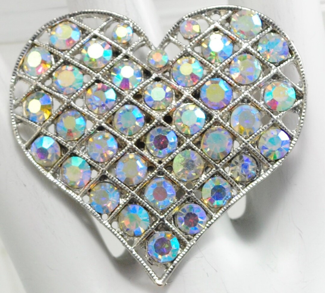 Silver Rhinestone Heart Silver AB Rhinestone Heart Ring Big Ring Valentine's Day Ring Wedding ...