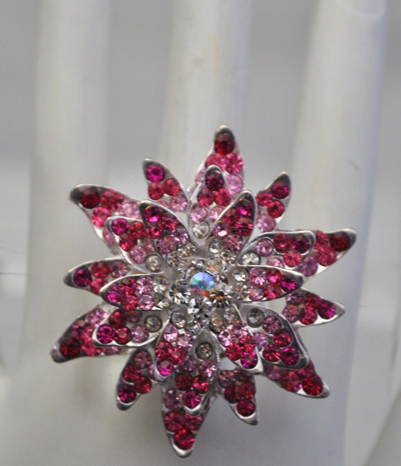 Pink Rhinestone Flower Ring Starburst Ring Gift For Her Adjustable Ring image 2