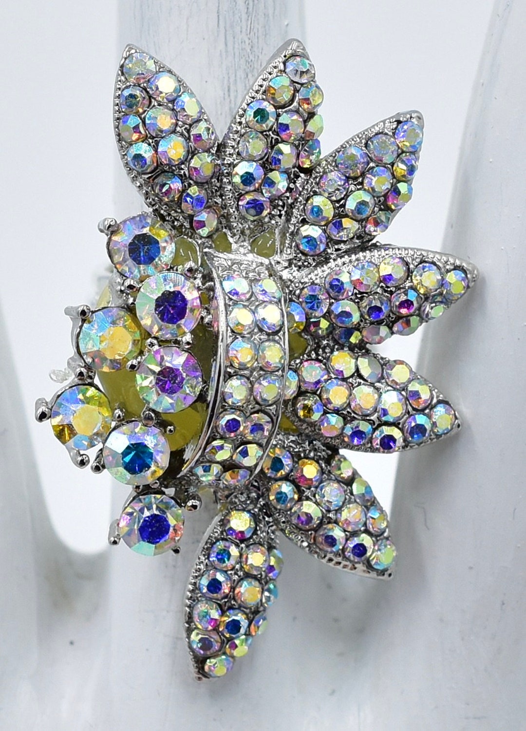 Aurora Borealis Rhinestone Ring, Adjustable Silver Cocktail Ring - Etsy