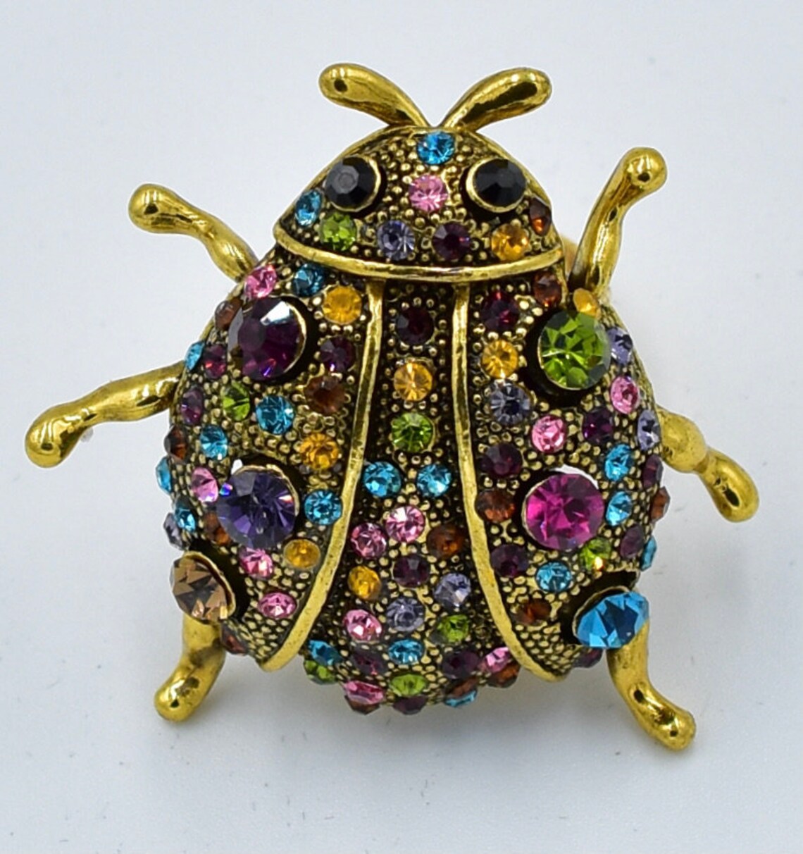 Gold Ladybug Ring with Multicolor Rhinestones Insect Jewelry Etsy