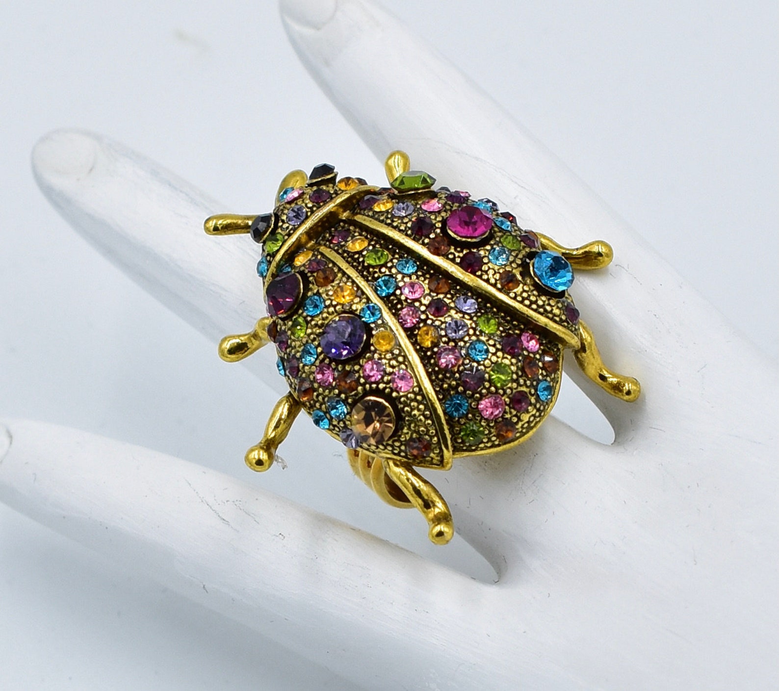 Gold Ladybug Ring with Multicolor Rhinestones Insect Jewelry Etsy