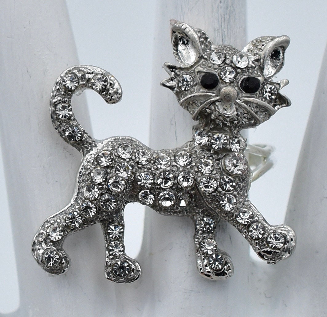Rhinestone Cat Ring Silver Ring Pet Jewelry Adjustable Ring Etsy