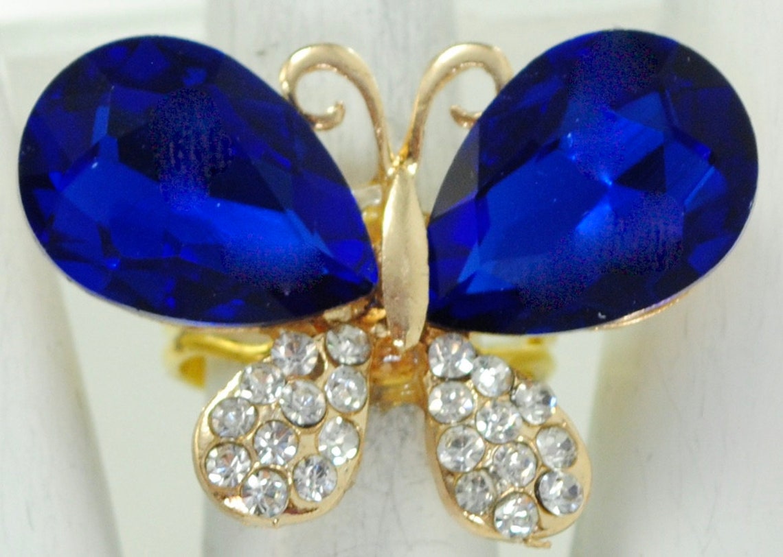 Blue Butterfly Ring Rhinestone Ring Gold Ring Small Butterfly Etsy