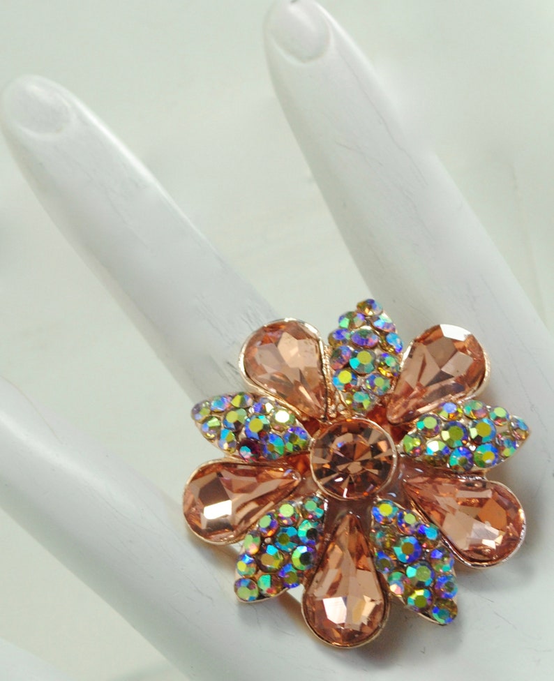 Rose Gold Floral Ring AB Rhinestones Gift for Her Cocktail - Etsy