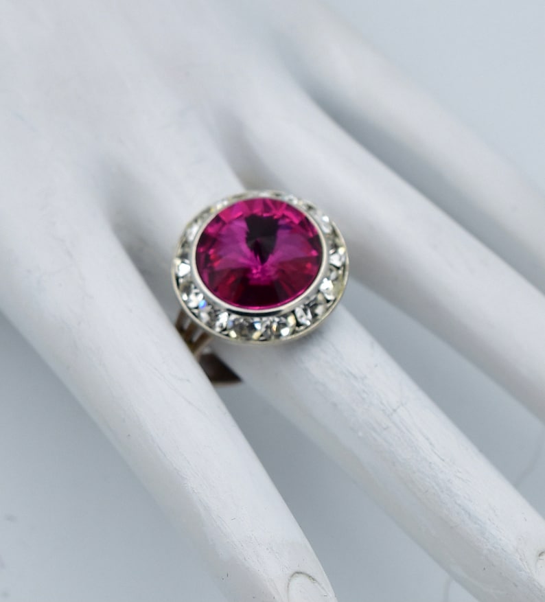 Pink Cocktail Ring With Clear Rhinestones, Adjustable Silver Band - Etsy