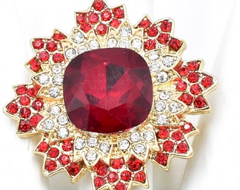 Ruby Red Floral Ring Red & Clear Rhinestones Big Ring Gold Ring Adjustable Ring