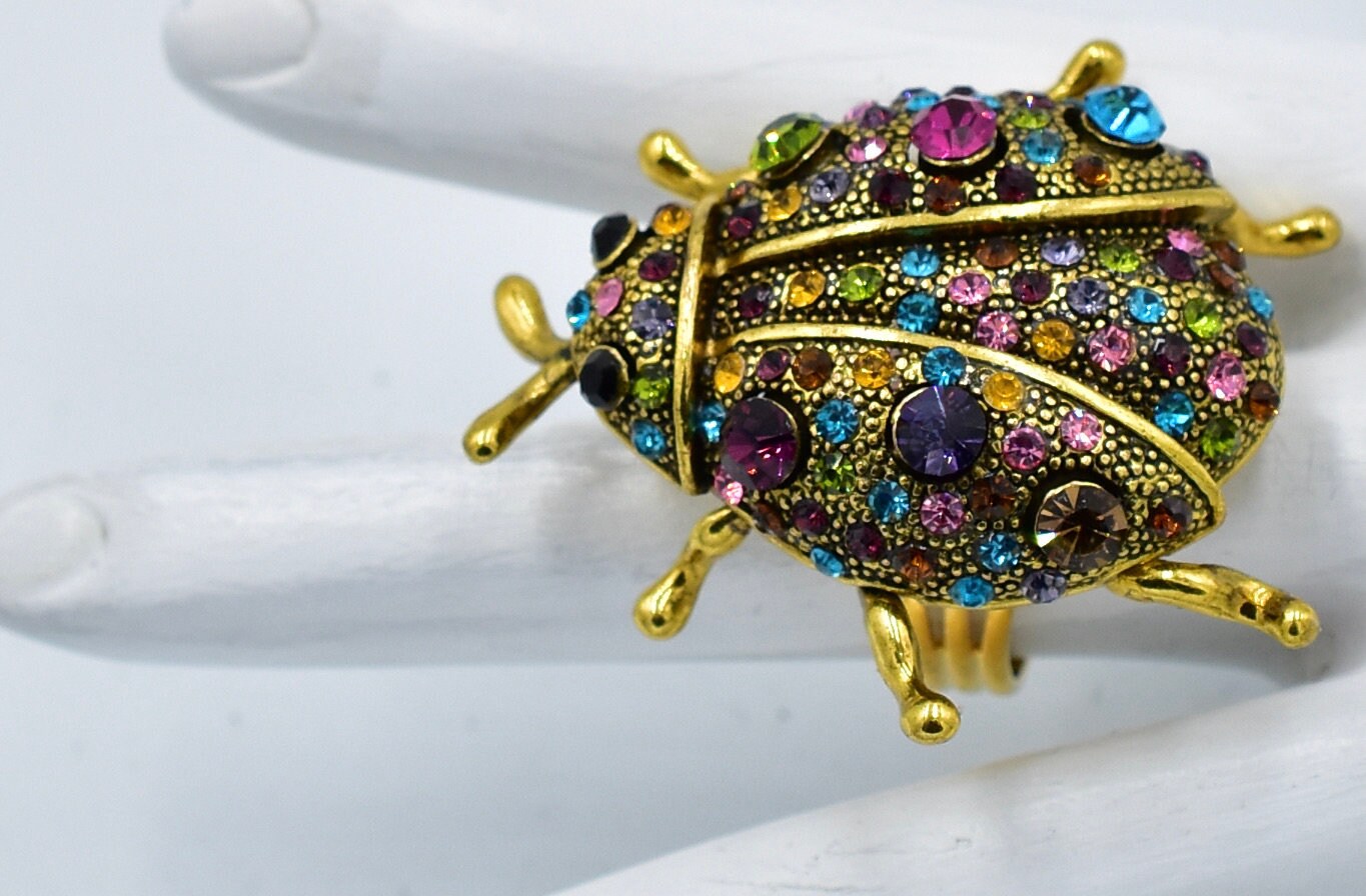 Gold Ladybug Ring with Multicolor Rhinestones Insect Jewelry Etsy