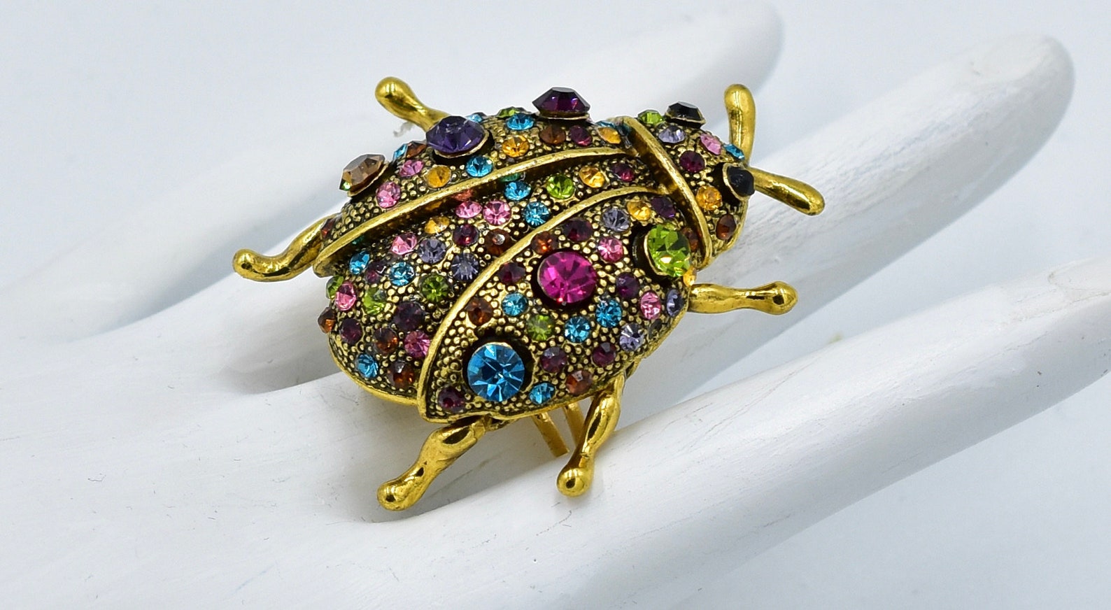 Gold Ladybug Ring with Multicolor Rhinestones Insect Jewelry Etsy