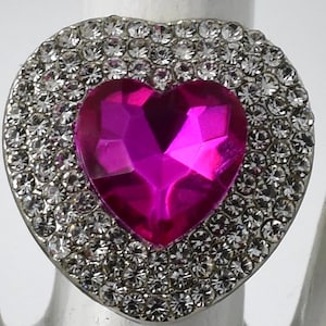Pink Rhinestone Heart Ring Valentine's Day Ring Clear Rhinestones Silver Ring Adjustable Ring