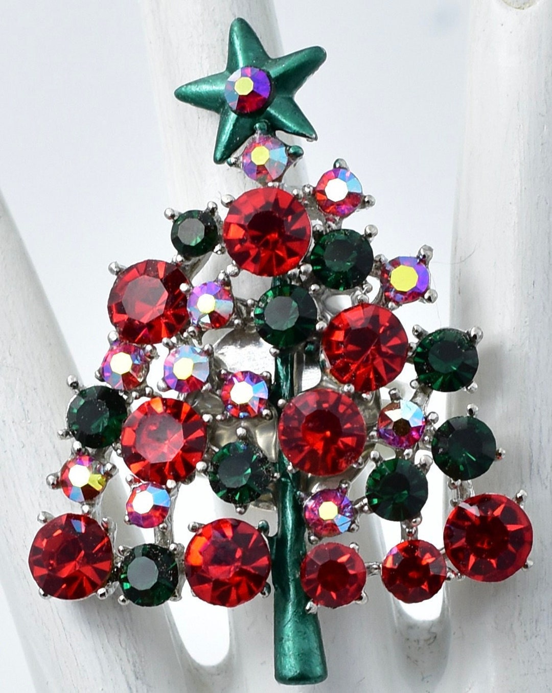 Christmas Tree Ring Red & Green Rhinestones Big Ring Christmas Jewelry ...