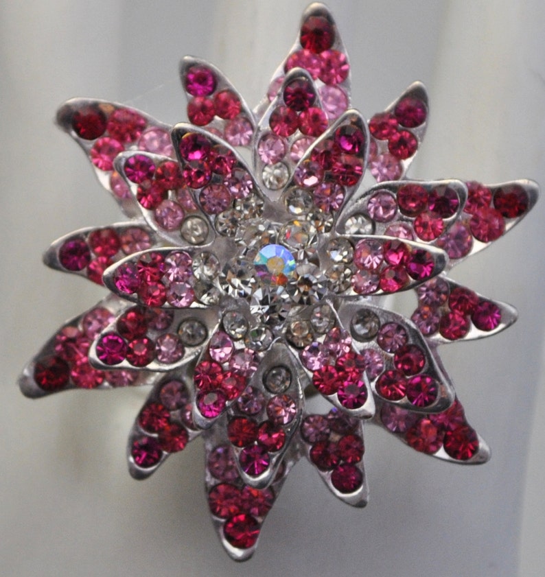 Pink Rhinestone Flower Ring Starburst Ring Gift For Her Adjustable Ring image 3