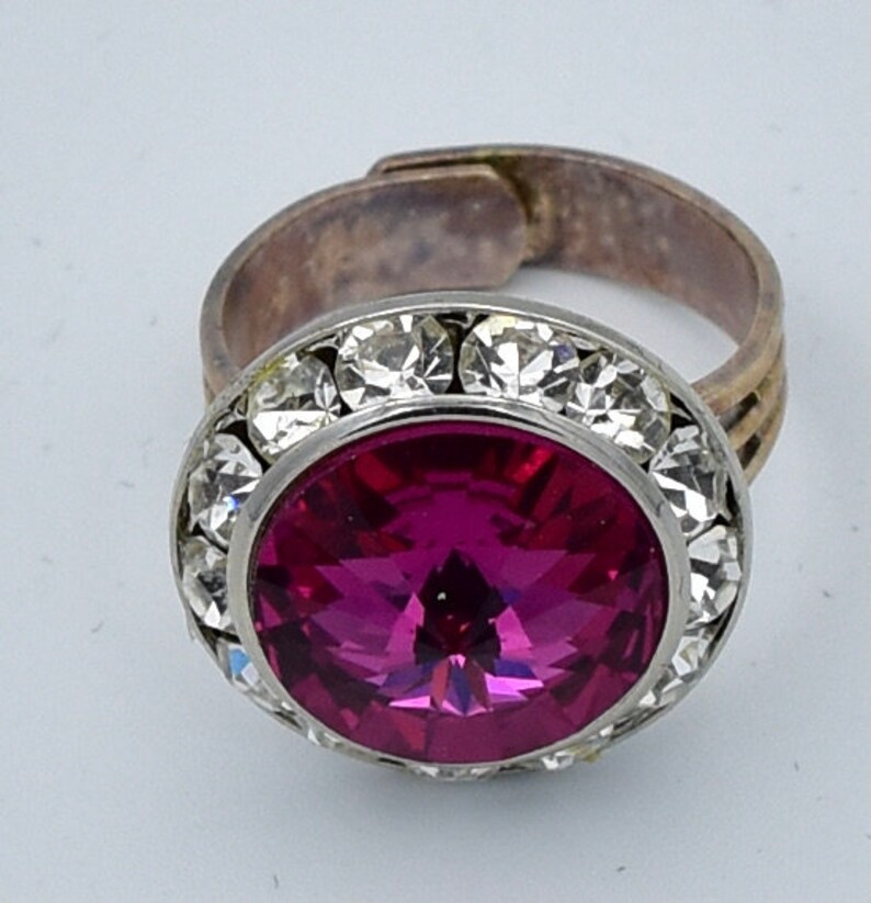 Pink Cocktail Ring With Clear Rhinestones, Adjustable Silver Band - Etsy