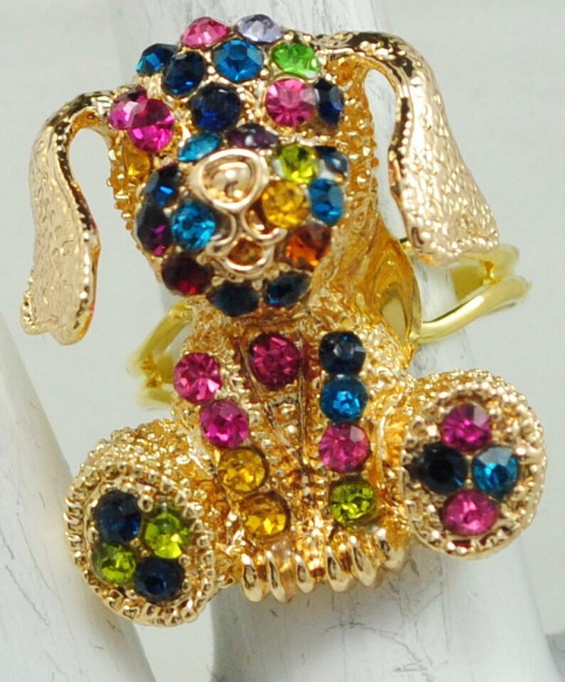 Petite Dog Ring Multicolor Rhinestones Gold Ring Animal Jewelry Adjustable Ring image 1