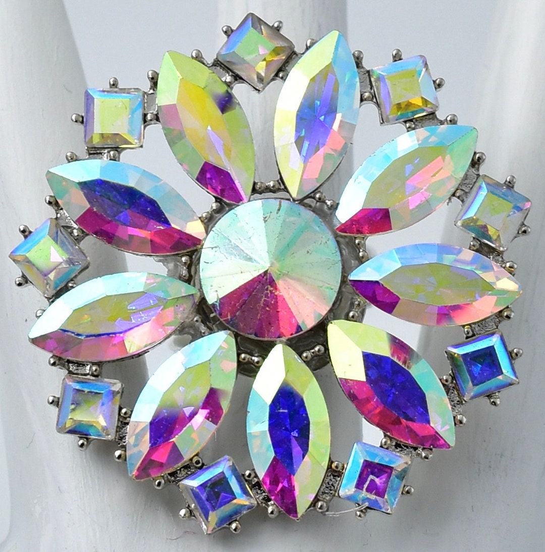 Iridescent Rhinestone Iridescent Rhinestone Cocktail Ring, Adjustable Floral Jewelry - Etsy