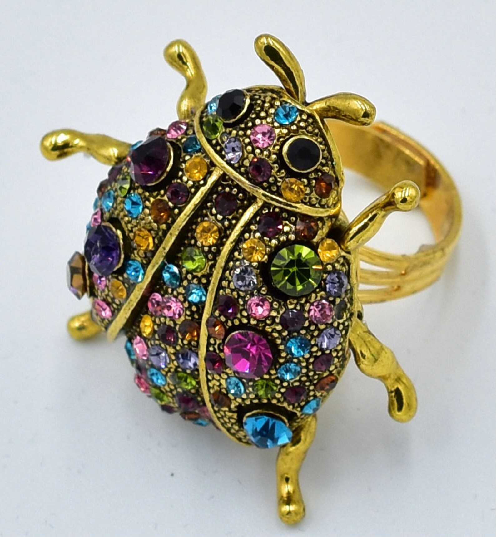 Gold Ladybug Ring with Multicolor Rhinestones Insect Jewelry Etsy