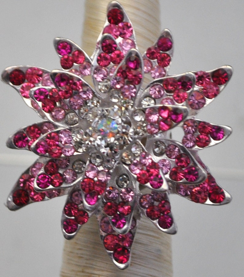 Pink Rhinestone Flower Ring Starburst Ring Gift For Her Adjustable Ring image 4