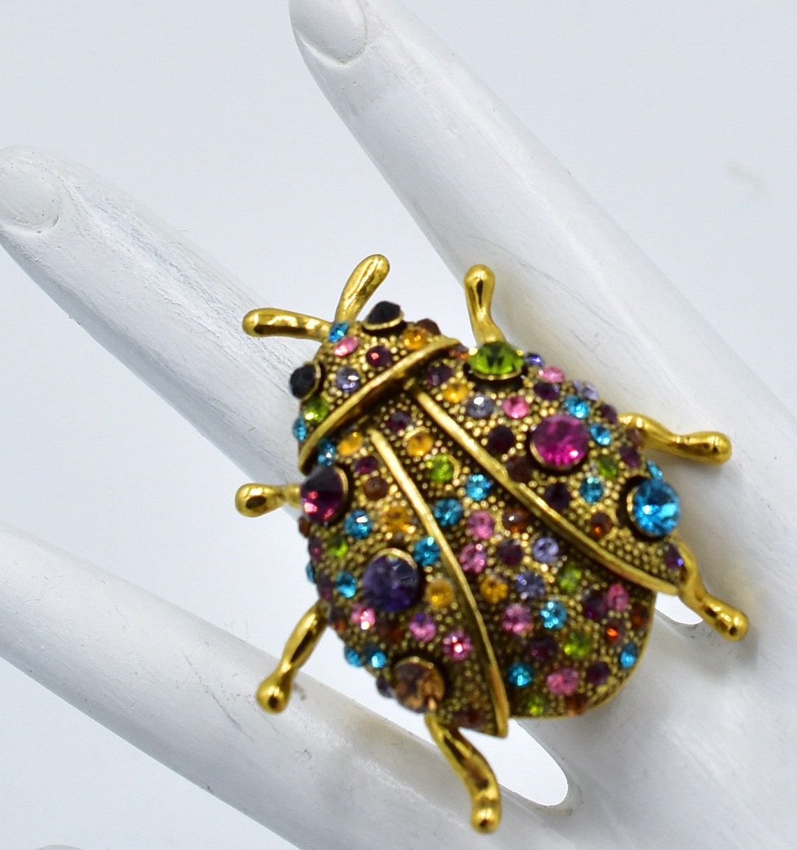 Gold Ladybug Ring with Multicolor Rhinestones Insect Jewelry Etsy