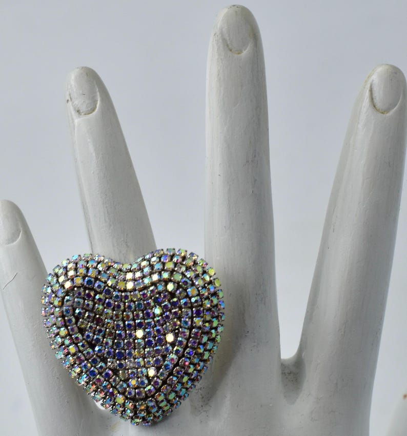Silver Rhinestone Heart Sparkly Silver Rhinestone Heart Ring Aurora Borealis Wedding Jewelry ...