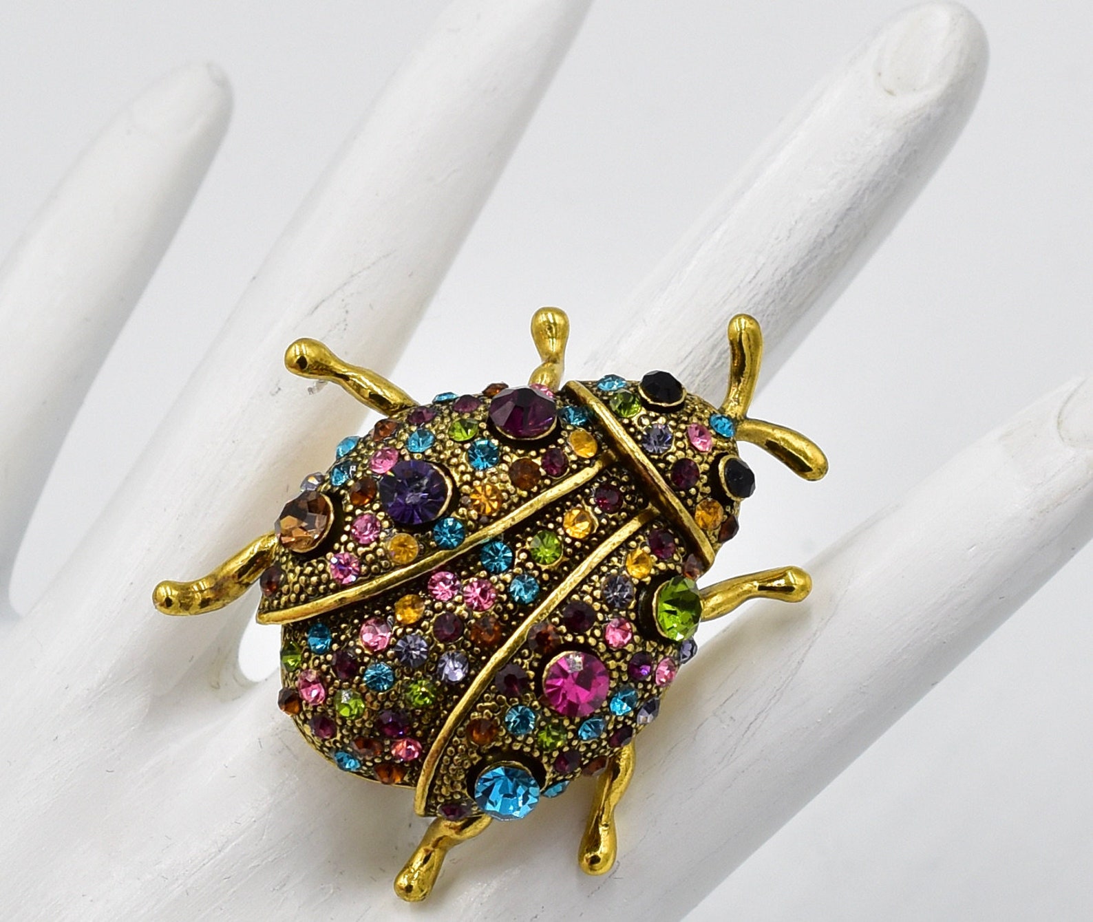 Gold Ladybug Ring with Multicolor Rhinestones Insect Jewelry Etsy
