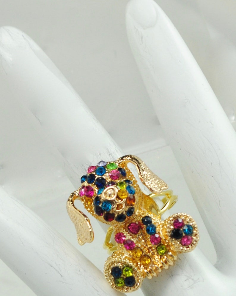 Petite Dog Ring Multicolor Rhinestones Gold Ring Animal Jewelry Adjustable Ring image 2