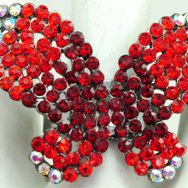 Rhinestone Butterfly Ring/Aurora Borealis/Red/Ruby/Statement Ring/Nature Jewelry/Spring/Summer Jewelry/Gift For Her/Adjustable/Under 15 USD