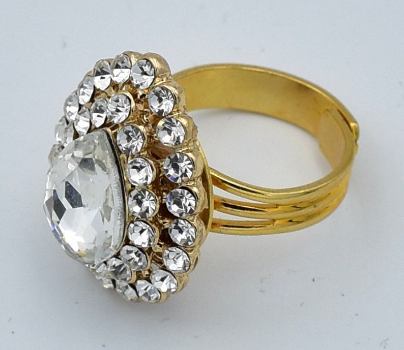 Gold Snowball Rhinestone Cocktail Ring - Adjustable Stretch Sparkling Party Jewelry