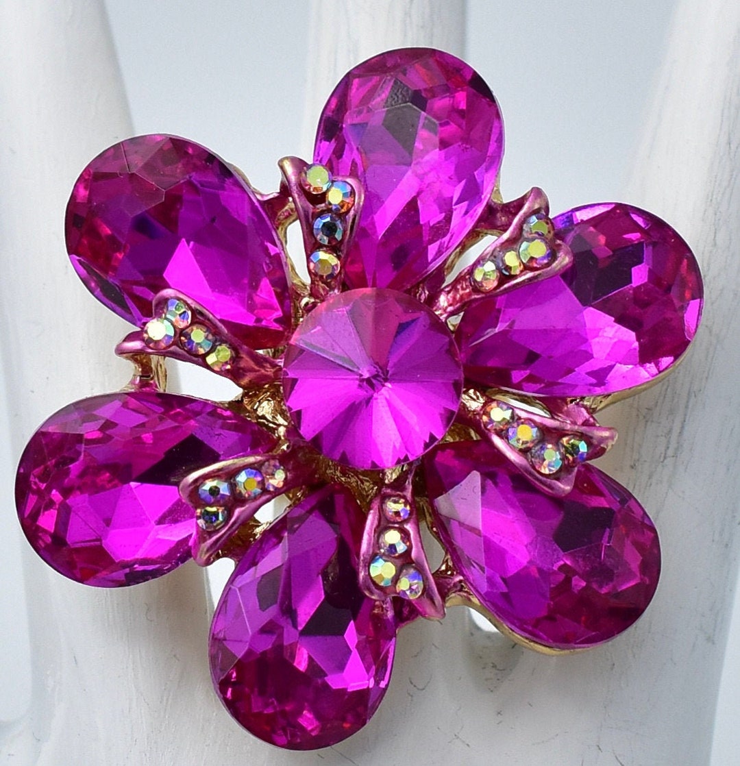 Pink Rhinestone Ring Big Ring Summer Jewelry Gold Ring Adjustable Ring ...