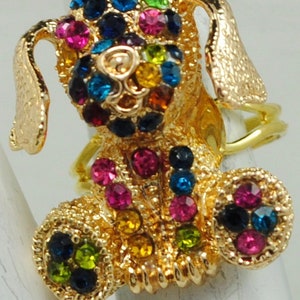 Petite Dog Ring Multicolor Rhinestones Gold Ring Animal Jewelry Adjustable Ring image 4