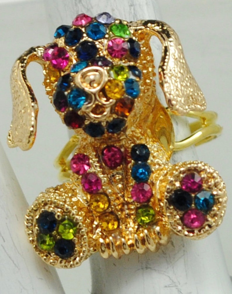 Petite Dog Ring Multicolor Rhinestones Gold Ring Animal Jewelry Adjustable Ring image 4