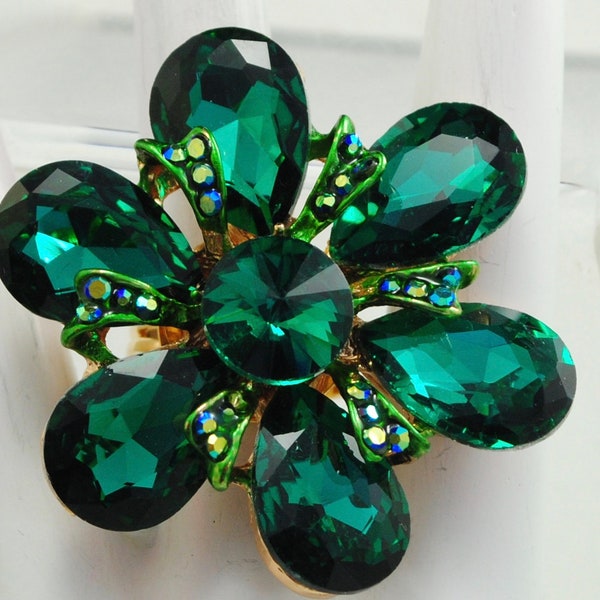 Big Green Flower Ring/Rhinestone/Christmas/Holiday Jewelry/Gift For Her/Statement Ring/Cocktail Ring/Adjustable/Under 25 USD