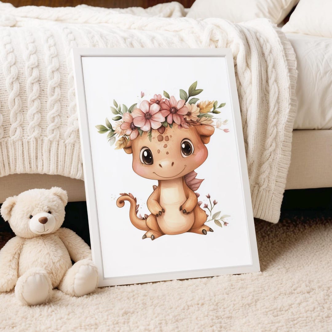 Dragon Nursery Print – Cute Baby Dragon Wall Art With Flowers, Fantasy ...