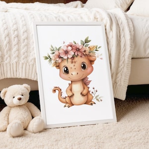Dragon Nursery Print – Cute Baby Dragon Wall Art with Flowers, Fantasy Animal Printable for Kids or Baby Room, Digital Download