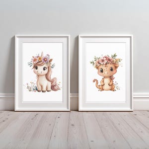 Ensemble d&#39;art mural dragon et licorne - Jolies impressions de chambre d&#39;enfant fantastiques avec fleurs - Téléchargement numérique - Déco pour chambre d&#39;enfant
