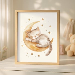 Sleeping Kitty on Crescent Moon, Cute Cat Nursery Wall Art, Whimsical Animal Print, Baby Shower Gift, Kids Room Decor, Printable Download